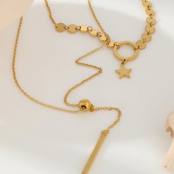 New 18K Gold Plated Circle Bar Coin Star Double Layer Necklace - Picture 4 of 6